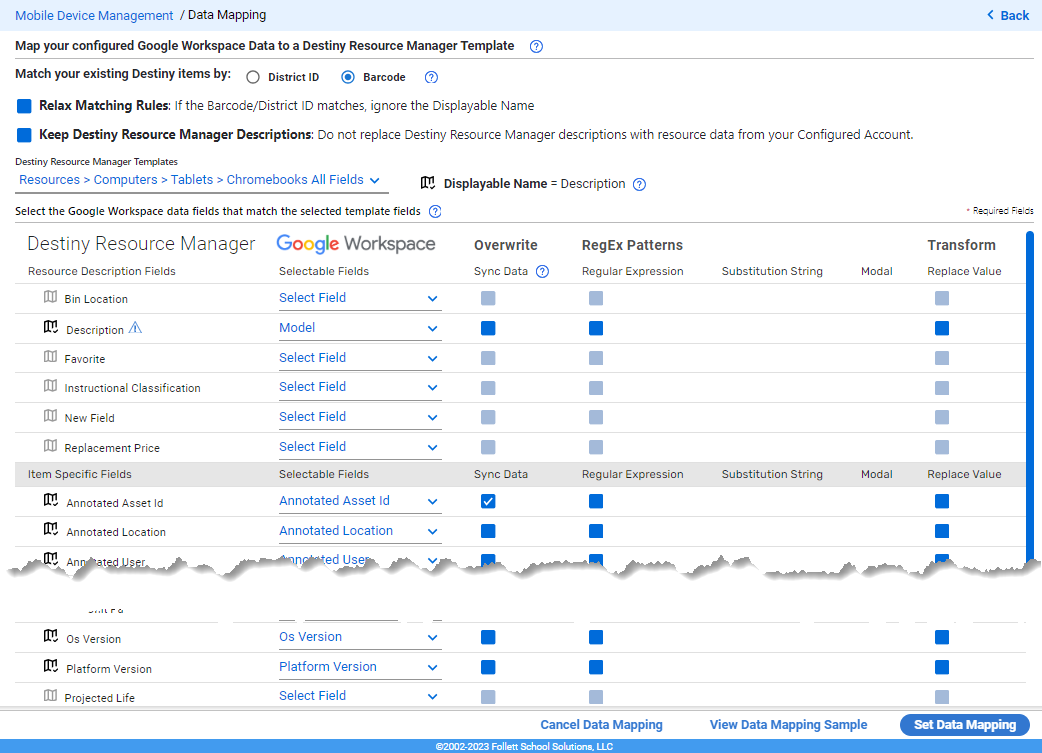 Google Workspace data mapping page